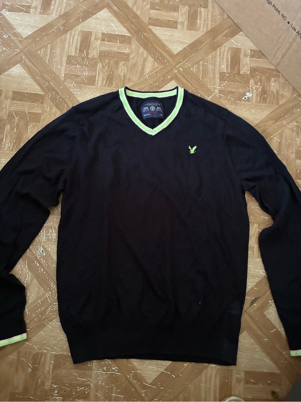 American Eagle Outfitters Black V-Neck Sweater with Lime Trim
